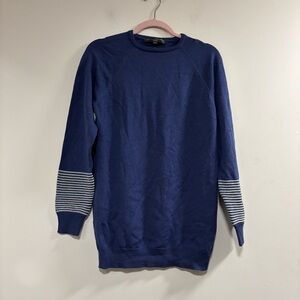 Blue and White Crewneck Sweater with Striped Cuffs
